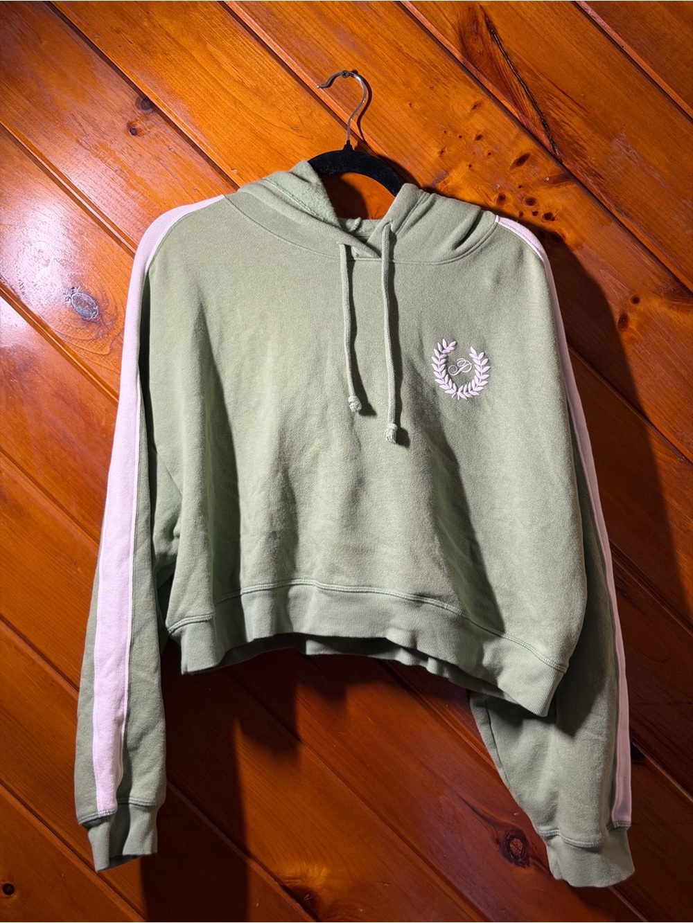 PINK Victoria's Secret Sage Green Cropped Hoodie with White Stripes